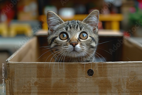 A cat peeking out of a cardboard box, high quality, high resolution