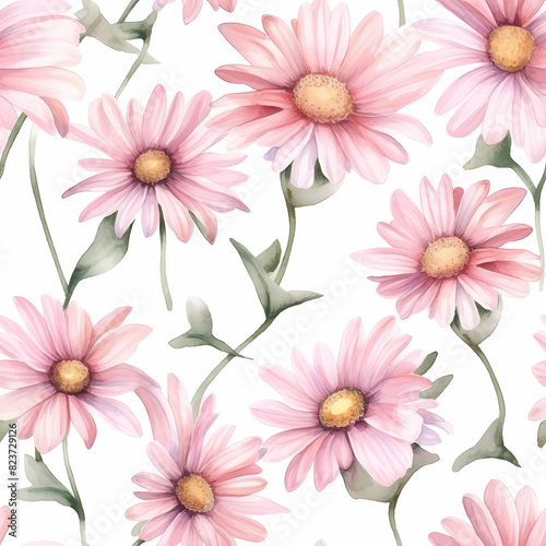 Seamless floral pattern with watercolor pink daisies and green leaves. Print for wallpaper, cards, fabric, wedding stationary, wrapping paper, cards, backgrounds, textures