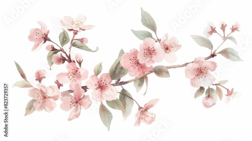 Delicate Pink Cherry Blossoms on a Tree Branch Against a White Background in Springtime