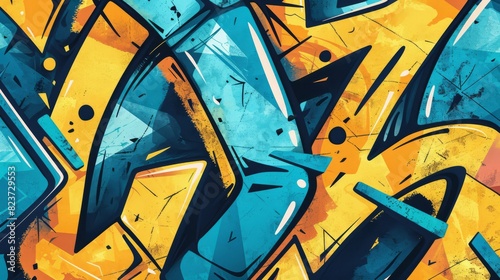 Dynamic Urban Graffiti Artwork Featuring Bold Geometric Shapes in Blue and Yellow.