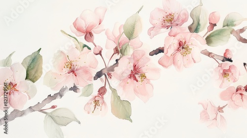 Delicate Pink Cherry Blossoms on a Tree Branch Against a White Background in Springtime