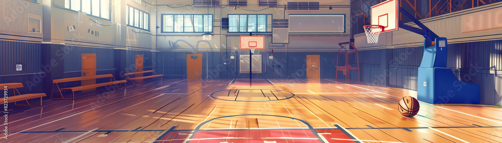 Naklejka premium School Gymnasium Floor: Featuring basketball hoops, bleachers, gym equipment, and students participating in sports activities