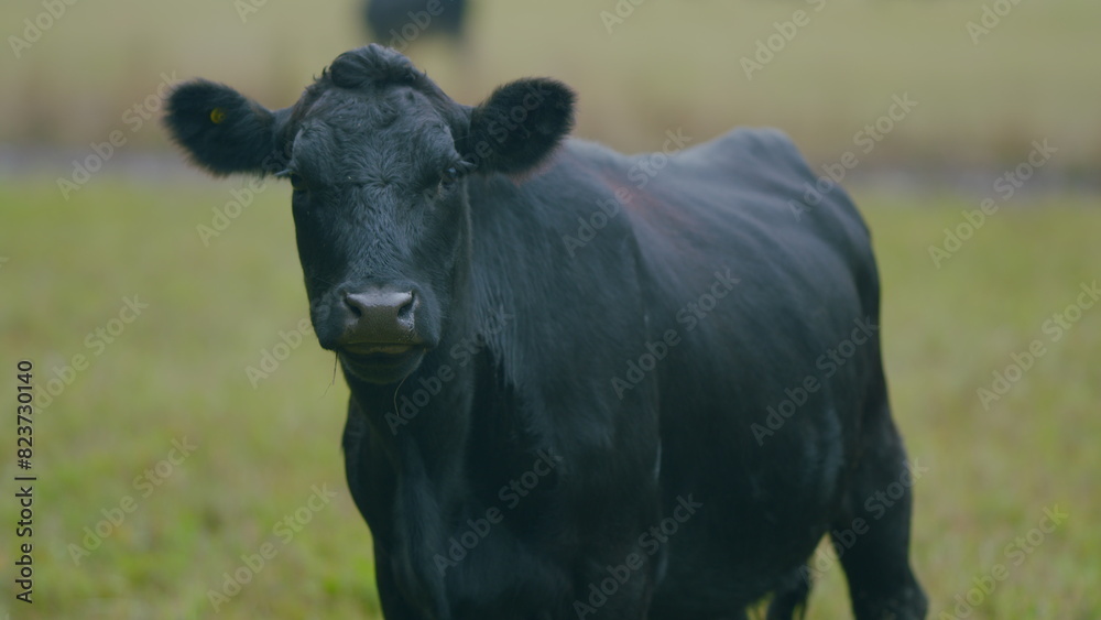 Black angus beef cow. Cow on a green summer pasture. Black cows stand grazing on meadow field. Selective focus.