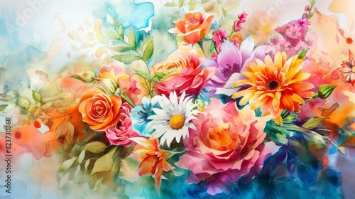 Vibrant Floral Watercolor Painting Featuring Multicolored Flowers in Full Bloom © YURY YUTY
