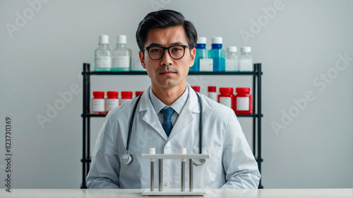 Confident Pharmacist Poses for Camera in Bright Studio Portrait photo