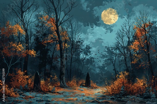 Digital artwork of witches' night haunted forest night, high quality, high resolution