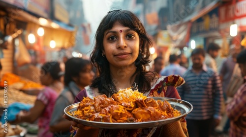 A woman is holding a plate of food in a crowded market