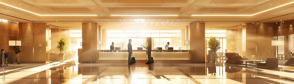 Hotel Lobby Floor: Showing check-in desks, concierge services, seating areas, and guests arriving with luggage Hotel Lobby Floor: Showing check-in desks, concierge services, seating areas, and guests arriving with luggage