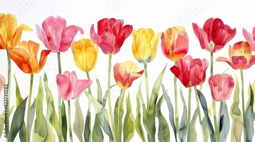 Colorful Watercolor Tulips in Vibrant Bloom on a Sunny Spring Morning