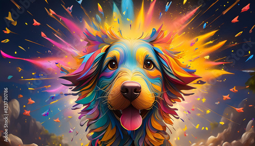 A dog with a rainbow colored face is smiling photo