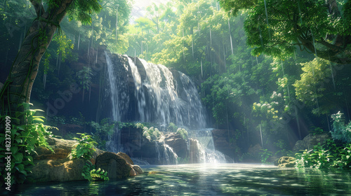 Rainforest Waterfall, A dense rainforest with towering trees and thick undergrowth, where a majestic waterfall cascades into a crystal-clear pool, anime background. photo