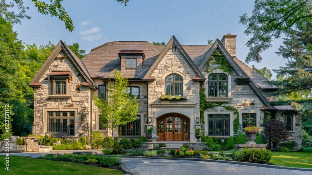 Obraz premium Suburban house with an eclectic design, combining elements of different architectural styles to create a unique and personalized appearance. generative ai