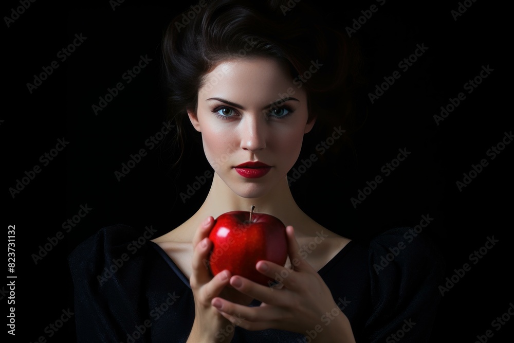Elegant portrait of a woman with classic beauty features, holding a vivid red apple Elegant portrait of a woman with classic beauty features, holding a vivid red apple