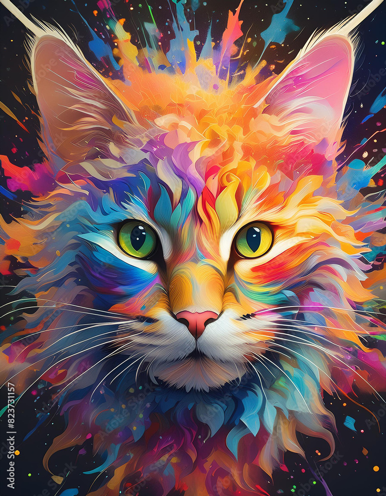 Fototapeta A colorful cat with green eyes is the main focus of the image