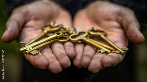 Vintage golden keys in hands close-up