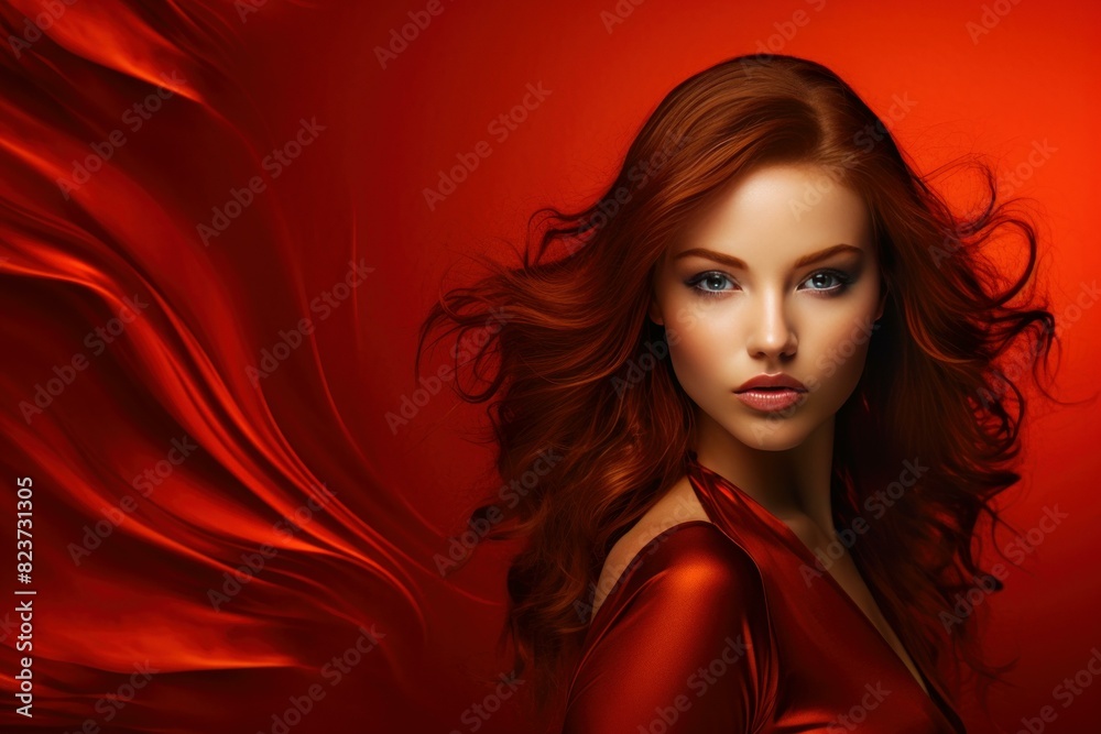 Fototapeta premium Elegant woman with vibrant red hair and satin dress against a red background, exuding luxury and glamour