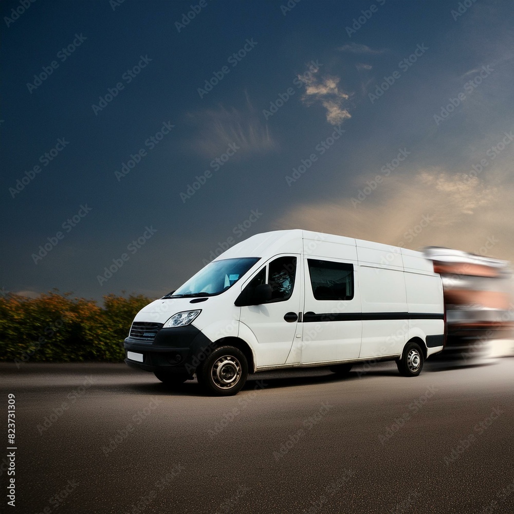 White van with motion blur on white background White van with motion blur on white background