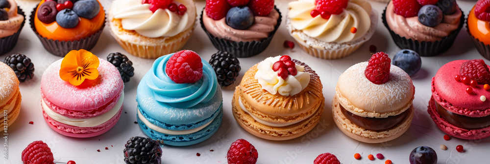 Delicious colorful cupcakes and macaroons topped with fresh fruit, perfect for a sweet party.