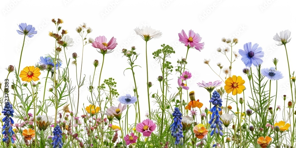 Colorful wildflowers, set against a white background, make a vibrant natural spectacle.