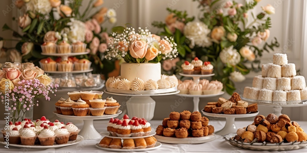 A wedding banquet composition adorned with beautifully decorated desserts, including cupcakes, cakes, and pastries, exuding elegance and romance.