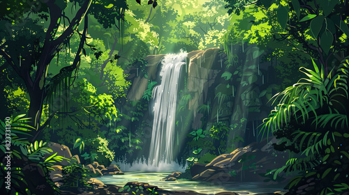 Rainforest Waterfall  A dense rainforest with towering trees and thick undergrowth  where a majestic waterfall cascades into a crystal-clear pool  anime background.