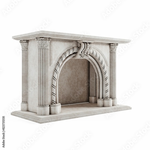 3d stone fireplace with corbial and ornate details on the front