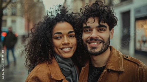 A young mixed race couple hugging in love outside of an urban cafe on a street