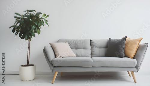 modern living room White living room interior with sofa for hotel room apartments lobby decoration, marble floor and wall Panoramic window on tropics. Mockup copy space wall. © sornram