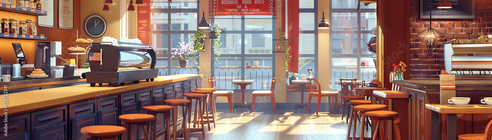 Coffee Shop Floor: Featuring coffee machines, pastry displays, cozy seating areas, and baristas preparing drinks Coffee Shop Floor: Featuring coffee machines, pastry displays, cozy seating areas, and baristas preparing drinks