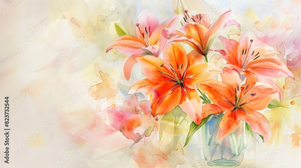 Beautiful Watercolor Painting of Lilies With Soft Pastel Colors in Springtime