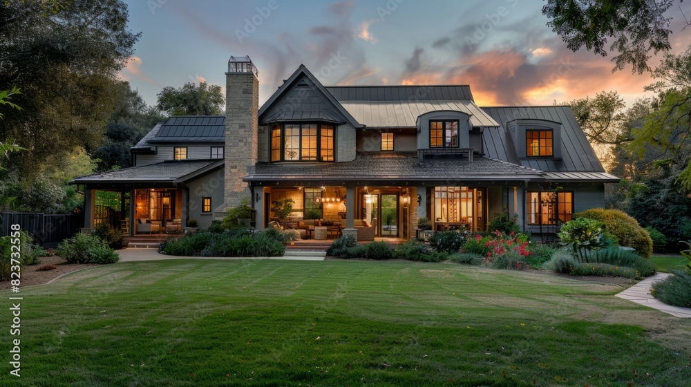 Suburban house with an eclectic design, combining elements of different architectural styles to create a unique and personalized appearance. generative ai Suburban house with an eclectic design, combining elements of different architectural styles to create a unique and personalized appearance. generative ai