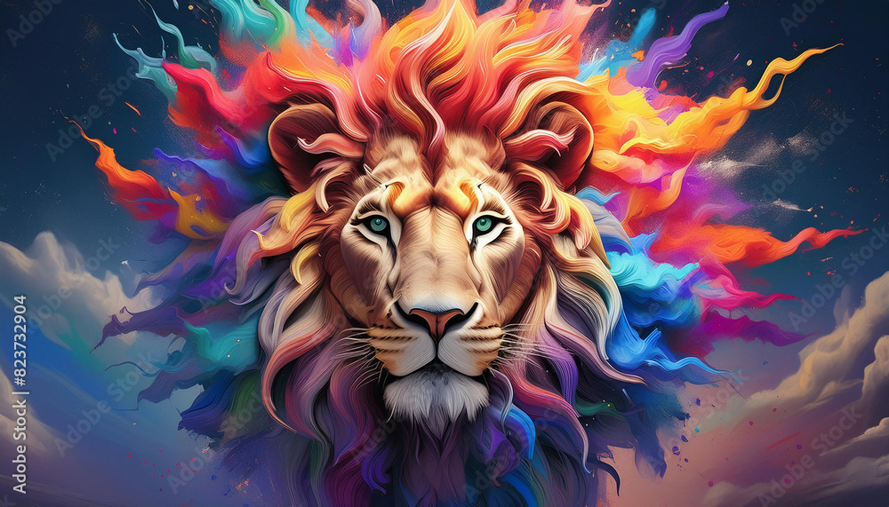 A colorful lion with a green eye A colorful lion with a green eye