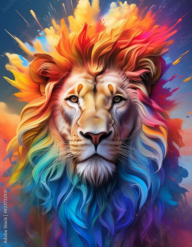 A colorful lion with a green eye