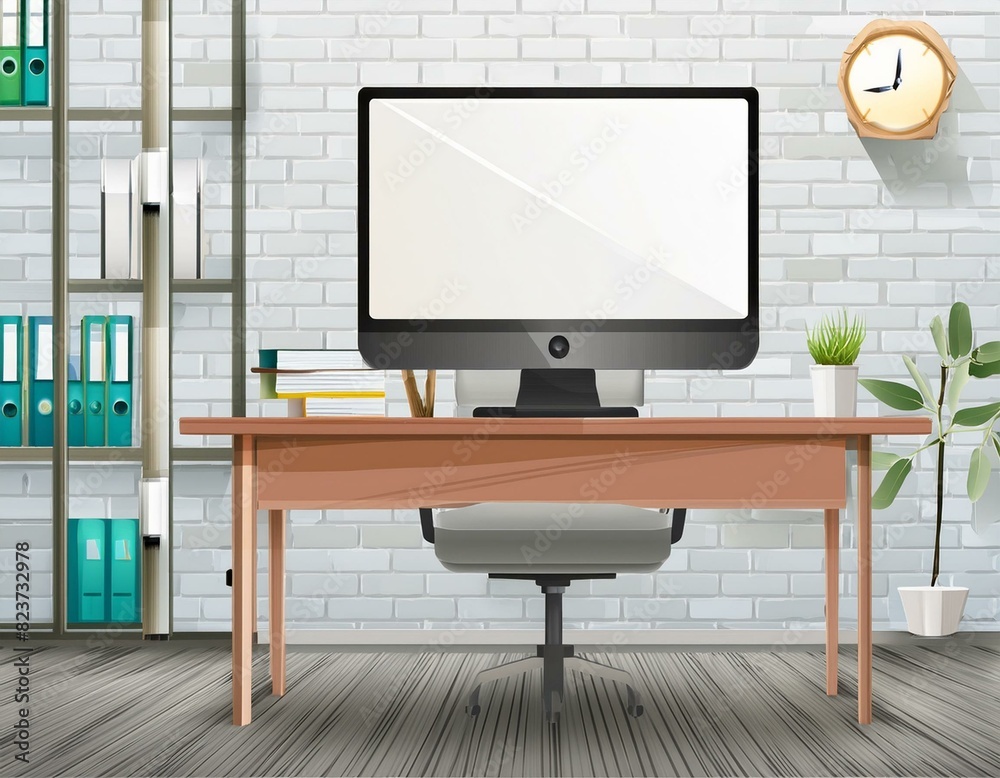 Fototapeta premium Modern bright office with work desk and computer white mockup screen