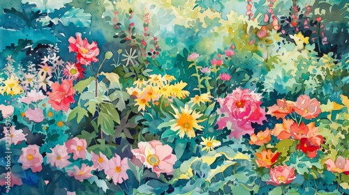 Vibrant Watercolor Garden With Blossoming Flowers in a Lush Summer Landscape