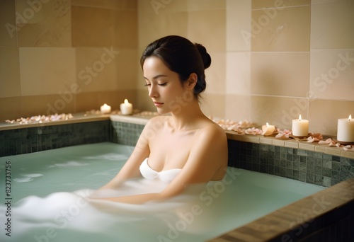 woman relaxing in spa. bathroom, bathtub, swimming pool 