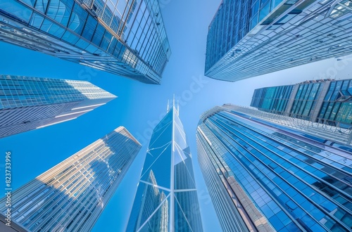A photo of modern skyscrapers with glass facades, showcasing the high-tech architecture and urban development