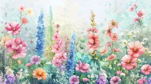 Vibrant Watercolor Garden With Blossoming Flowers in a Lush Summer Landscape