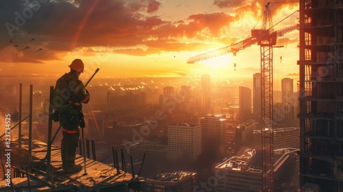 Construction worker standing on a building under construction at sunset