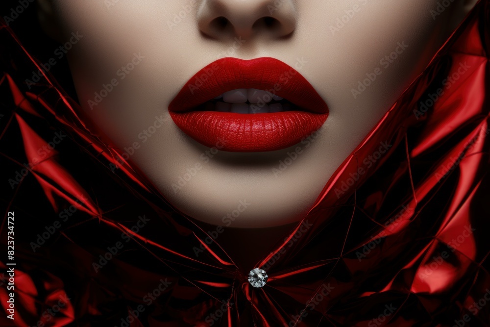 Fototapeta premium Stunning macro shot capturing the perfect red lips of a woman and a high-fashion glossy red collar