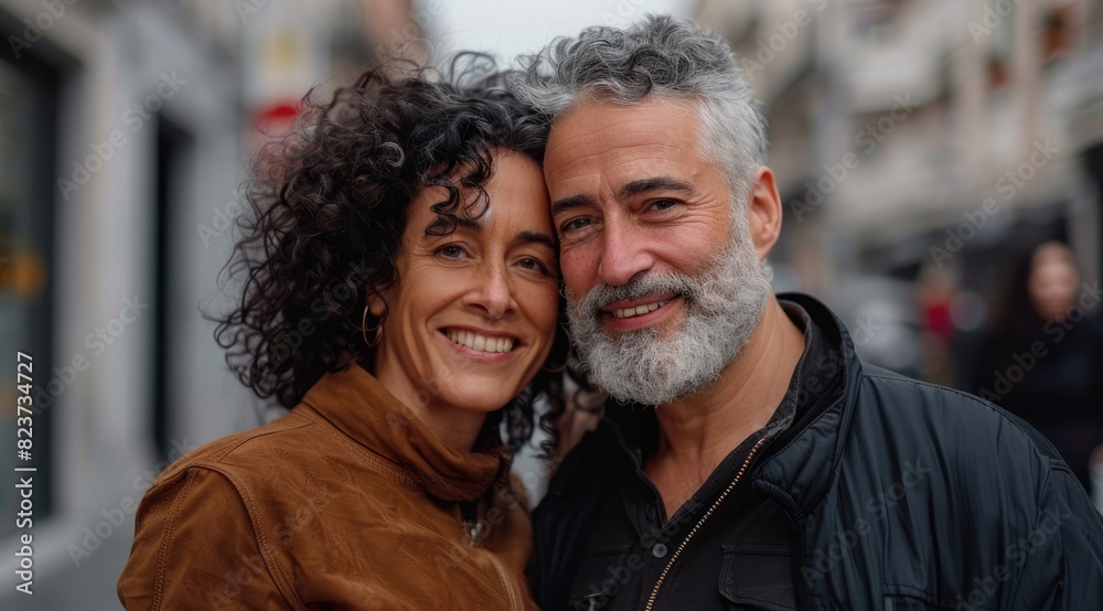 A young mixed race couple hugging in love outside of an urban cafe on a street A young mixed race couple hugging in love outside of an urban cafe on a street