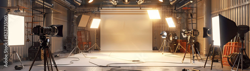 Film Studio Floor: Showing film sets, cameras, lighting equipment, and actors rehearsing scenes