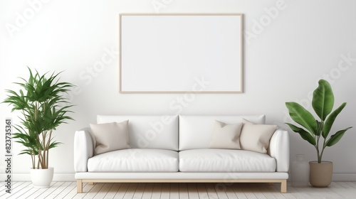A white empty blank frame mockup mounted on a white wall in a minimalist living room  with a sleek sofa and abstract decor.