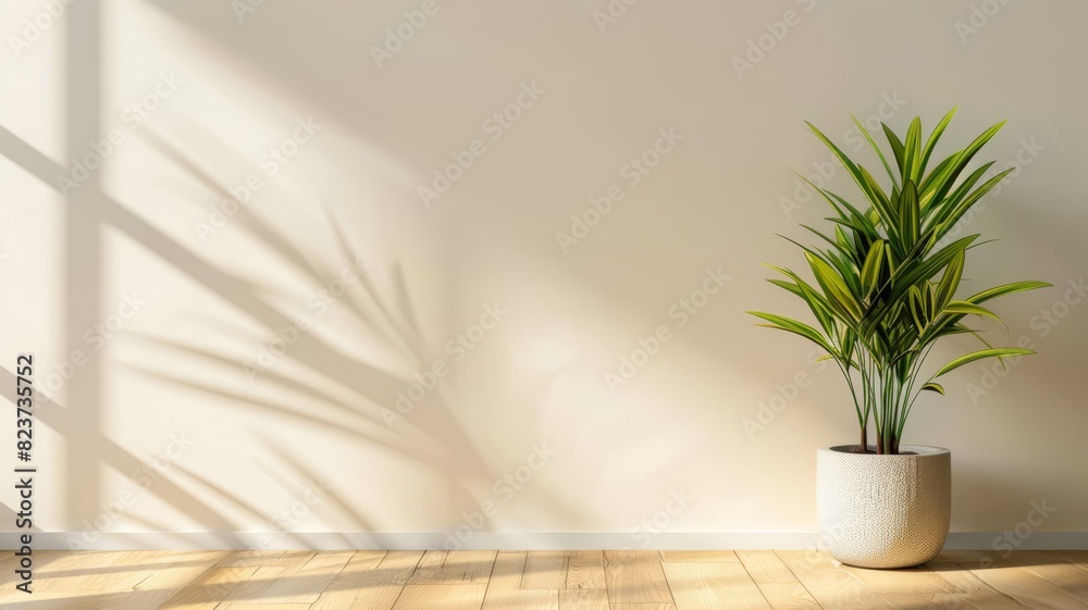 Sunlit Green Plant in a Textured Pot Casting Elegant Shadows on a Beige Wall and Wooden Floor. Sunlit Green Plant in a Textured Pot Casting Elegant Shadows on a Beige Wall and Wooden Floor.