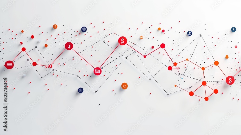 Isolated graph with company icons progressing upward along the trend line, white background, financial success, stock photo, ample copy space