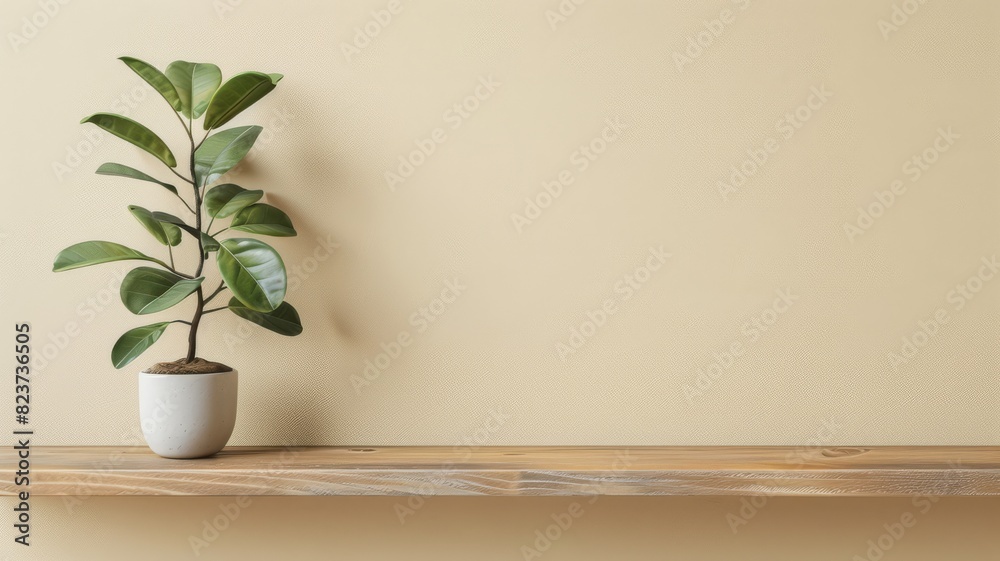 Modern Minimalism. A Green Plant in a White Pot on a Light Wooden Shelf Against a Beige Wall. Modern Minimalism. A Green Plant in a White Pot on a Light Wooden Shelf Against a Beige Wall.