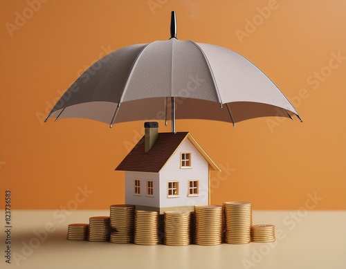 Wallpaper Mural Insurance when buying a home. coins and a house under an umbrella on an orange background. 3D render Torontodigital.ca