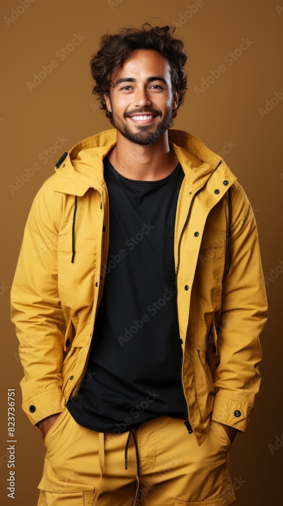Fototapeta premium A cheerful young male with curly hair wearing a bright yellow jacket and a black t-shirt against a brown background