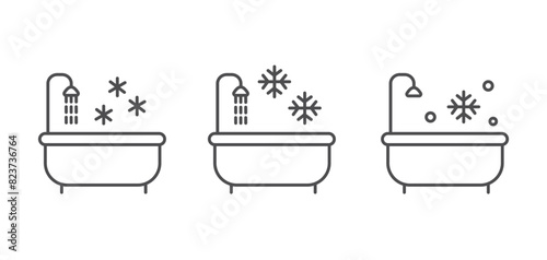 Set of outline icons with bathtub and cold water. Concept of ice bathing for healthy lifestyle. Body hardening procedures. A shower with cold water. Therapy with ice water. 