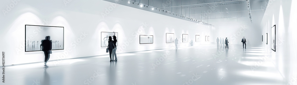 Art Gallery Floor: Displaying white walls, spotlights, art installations, and visitors admiring the artwork Art Gallery Floor: Displaying white walls, spotlights, art installations, and visitors admiring the artwork